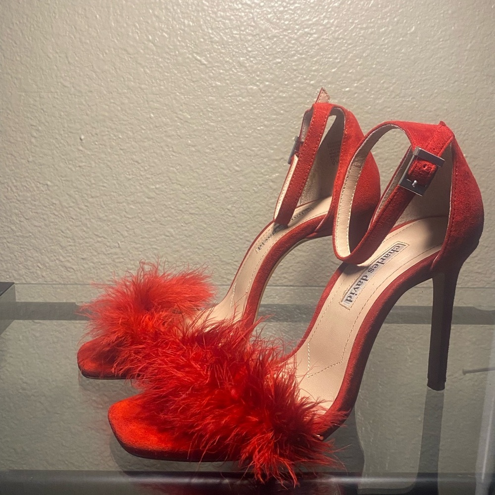 CHARLES DAVID Red Feathered Heels - Picture 3 of 11